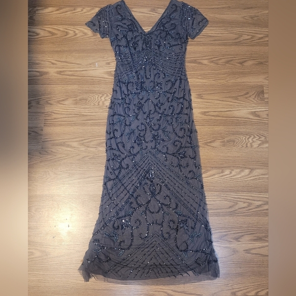 Elegant Gray Beaded Evening Dress - Picture 3 of 13